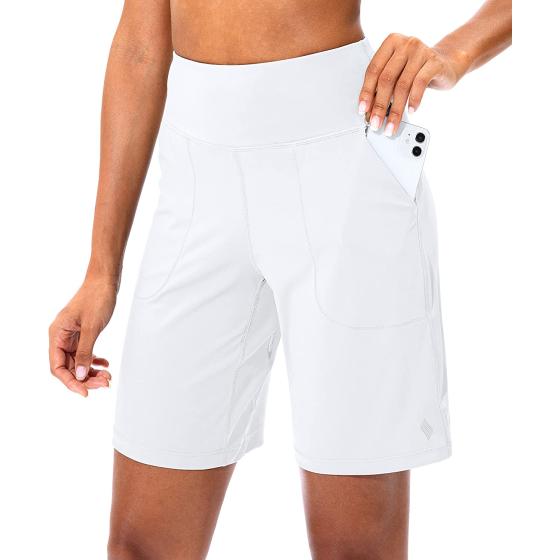 SANTINY Bermuda Shorts for Women with Zipper Pocket Womens High Waisted Long Shorts for Running Workout Athletic