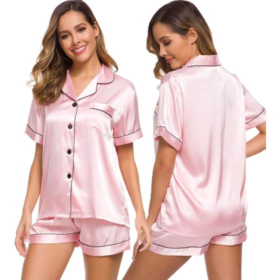 SWOMOG Womens Silk Satin Pajamas Set Two-piece Pj Sets Sleepwear Loungewear Button-Down Pj Sets