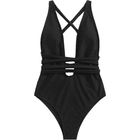 SweatyRocks Women's Sexy Basic Criss Cross Tie Knot Front Deep V Open Back One Piece Swimwear