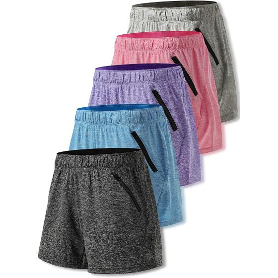 5 Pack: Womens Workout Gym Shorts Casual Lounge Set, Ladies Active Athletic Apparel with Zipper Pockets
