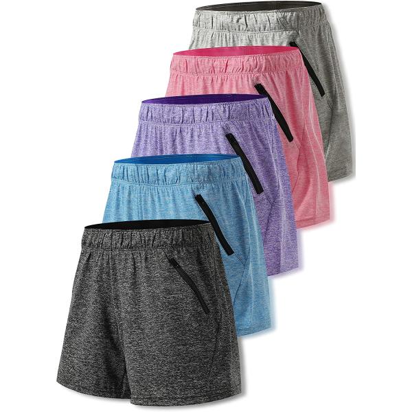 5 Pack: Womens Workout Gym Shorts Casual Lounge Set, Ladies Active Athletic Apparel with Zipper Pockets