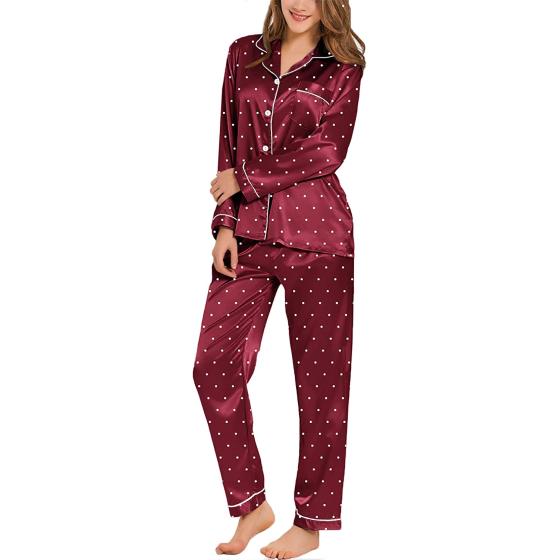 SWOMOG Womens Silk Satin Pajamas Loungewear Two-piece Sleepwear Button-Down Pj Set