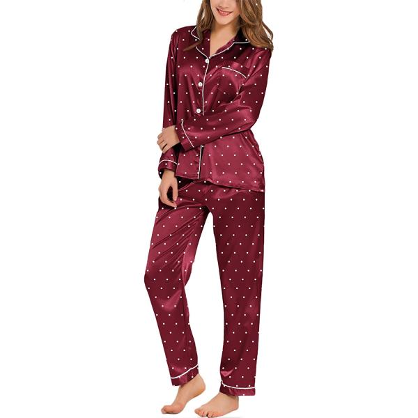 SWOMOG Womens Silk Satin Pajamas Loungewear Two-piece Sleepwear Button-Down Pj Set