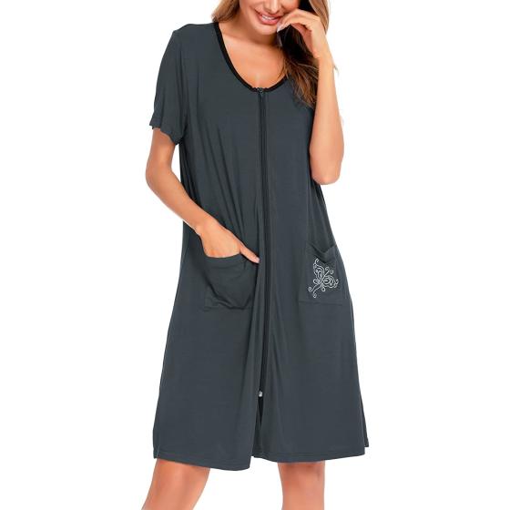 SWOMOG Women's Zip Up Housecoat Zipper Front Robe Lightweight Bathrobe Short Sleeve Loungewear Nightgowns with Pockets