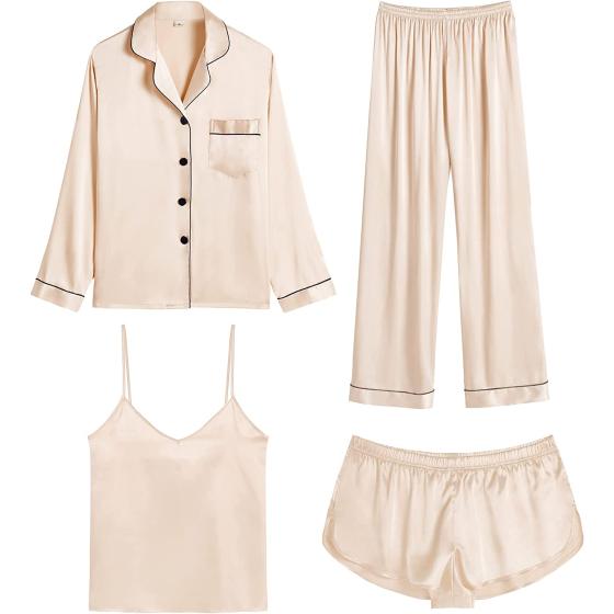 SWOMOG Women Satin Pajamas 4pcs Pajama Set Sexy Cami Shorts Set and Button Down Long Sleeve Pjs Loungewear Sleepwear