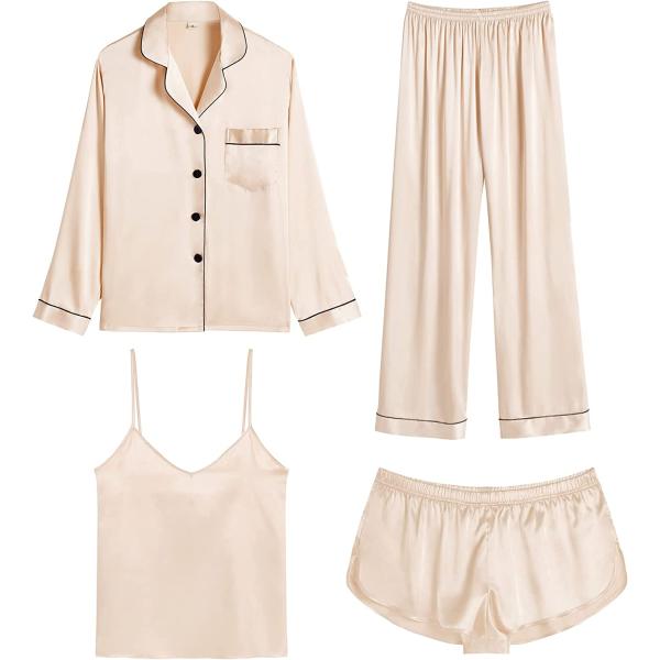 SWOMOG Women Satin Pajamas 4pcs Pajama Set Sexy Cami Shorts Set and Button Down Long Sleeve Pjs Loungewear Sleepwear