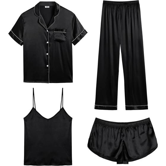 SWOMOG Womens 4pcs Pajamas Sets Silk Satin Sleepwear Sexy Cami with Button Down Short Sleeve Shirt Pjs Loungewear