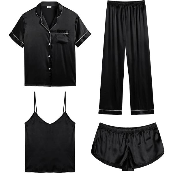 SWOMOG Womens 4pcs Pajamas Sets Silk Satin Sleepwear Sexy Cami with Button Down Short Sleeve Shirt Pjs Loungewear