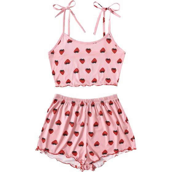 SweatyRocks Women's Summer Strawberry Print Cami Top and Shorts Sleepwear Pajamas Set