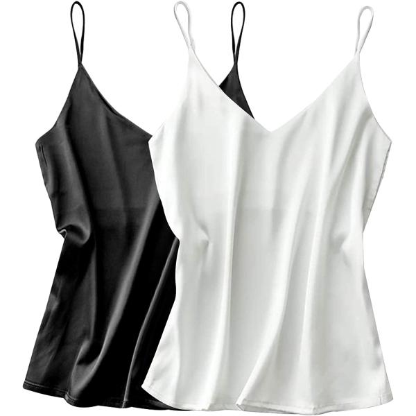 Ekouaer Womens Silk Satin Tank Top V Neck Camisole 2 Pack Spaghetti Strap Cami Loose Sleeveless Blouses Tank Shirt