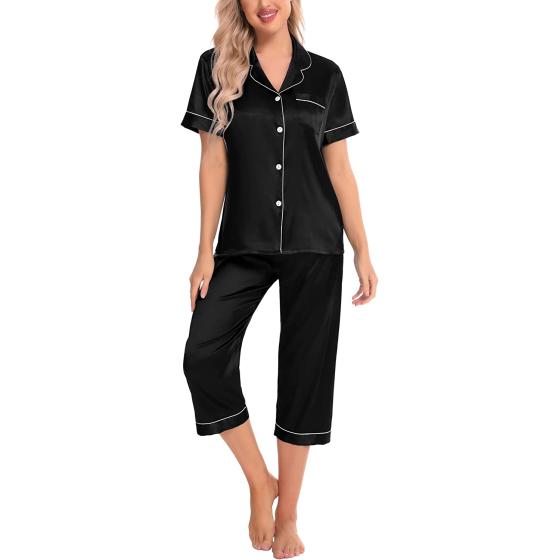 SWOMOG Satin Pajama Set Women Silk Pjs Set Short Sleeve 2 Piece Button Down Sleepwear Lounge Sets