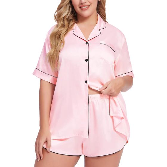 SWOMOG Women's Plus Size Satin Pajama Set Short Sleeve 2 piece Pj Sets Sleepwear Silk Button Down Loungewear Pjs Shorts Set