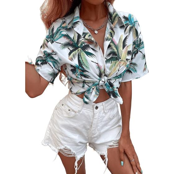 SweatyRocks Women's Short Sleeve Cute Print Button Down Shirt Tops
