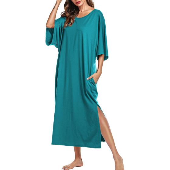 Ekouaer Nightgown, Womens Round Neck Loungewear Split Maxi Sleep Dress Casual Loose Caftan Long Night Shirt