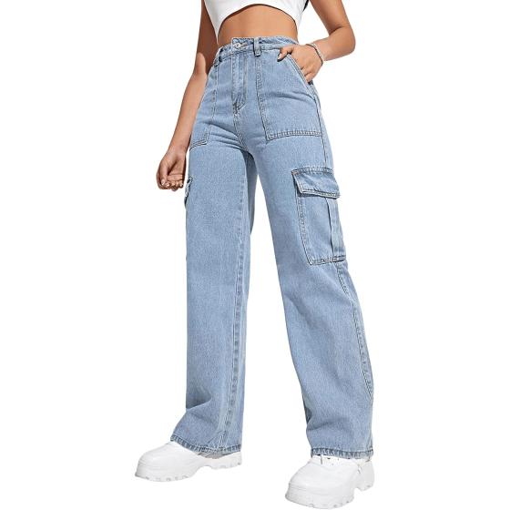 SweatyRocks Women's High Waist Cargo Jeans Flap Pocket Wide Leg Denim Pants