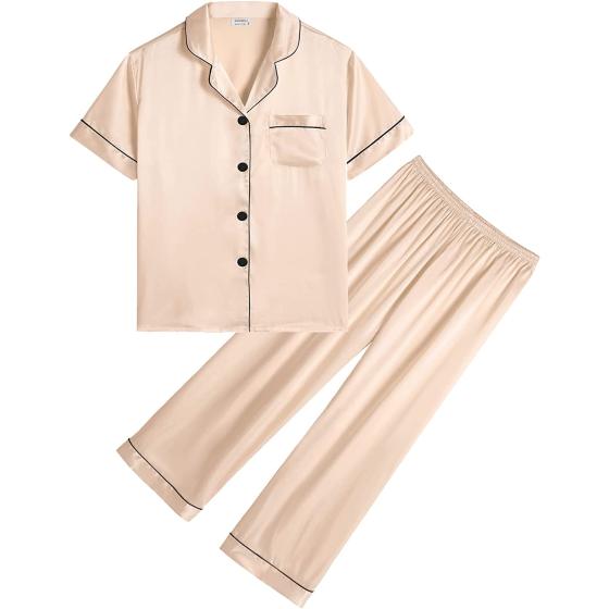SWOMOG Kids Satin Pajamas Sets Girls Boys Button-Down Pjs Short Sleeve Silk Nightwear 2 Piece Lounge Sets