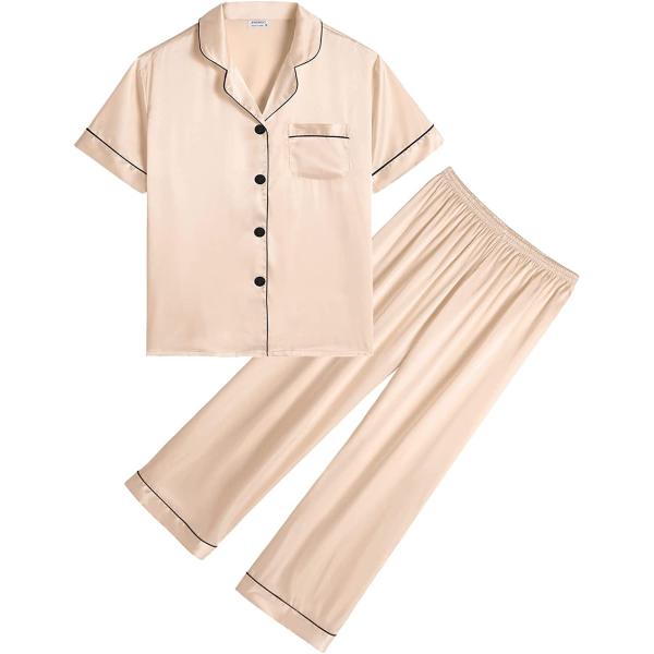 SWOMOG Kids Satin Pajamas Sets Girls Boys Button-Down Pjs Short Sleeve Silk Nightwear 2 Piece Lounge Sets