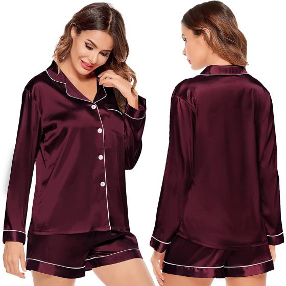 SWOMOG Womens Silk Satin Pajamas Set Long Sleeve Loungewear Two-piece Sleepwear Button-Down Pj Set