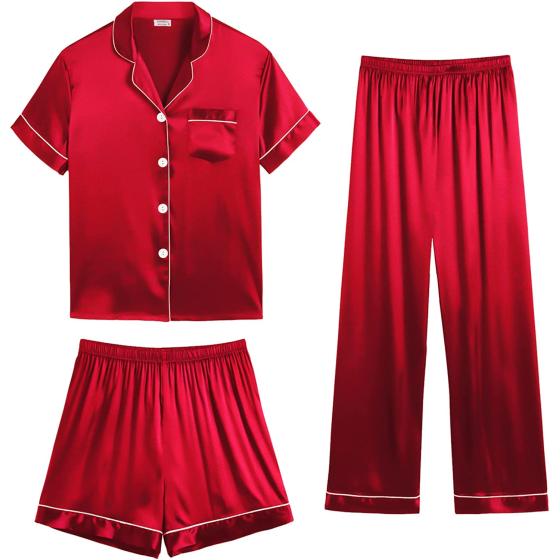 SWOMOG Womens 3pcs Pajamas Set Silk Satin Short Sleeve Sleepwear Button Down Loungewear Pjs Nightwear