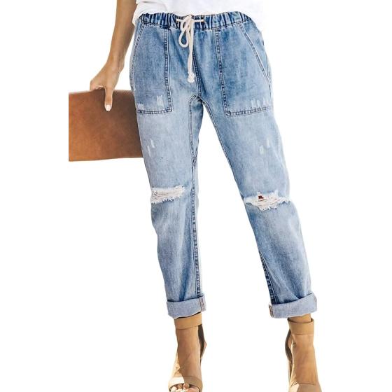 Sidefeel Women Pull-on Distressed Denim Joggers Elastic Waist Stretch Pants