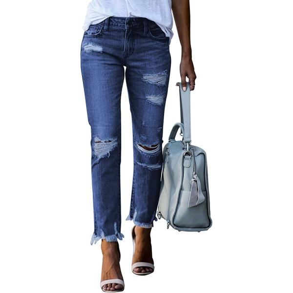 Sidefeel Women Patchwork Destroyed Raw Hem Jeans Ripped Hole Denim Pants