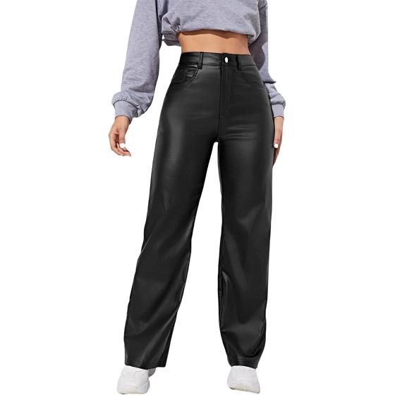 MakeMeChic Women's High Waist Pockets Straight Leg Jeans Leather Look Pants