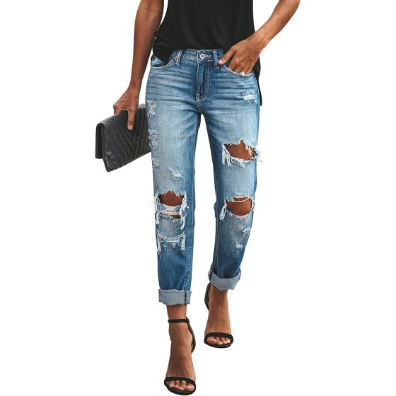 KUNMI Women's Ripped Mid Waisted Boyfriend Jeans Loose Fit Distressed Stretchy Denim Pants