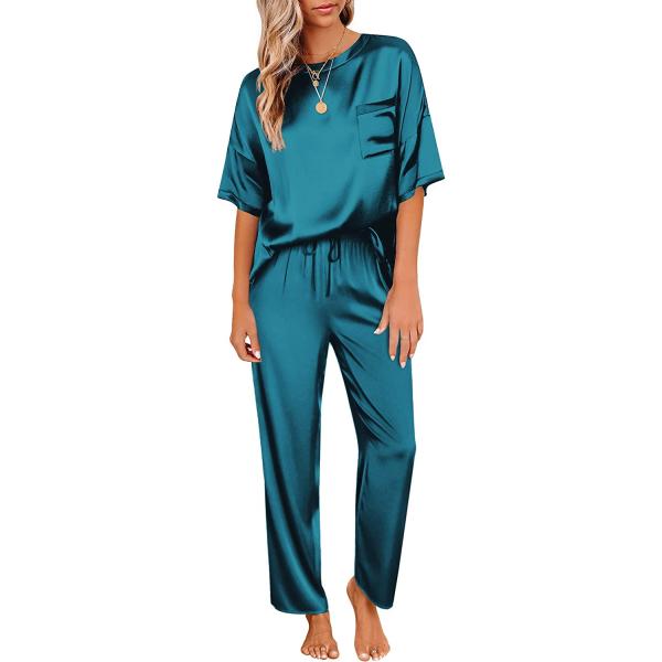 Ekouaer?Womens?Satin?Silky?Pajama?Set?Short?Sleeve?Shirt?with?Long?Pajama?Pant?Set?Soft?PJ?Loungewear