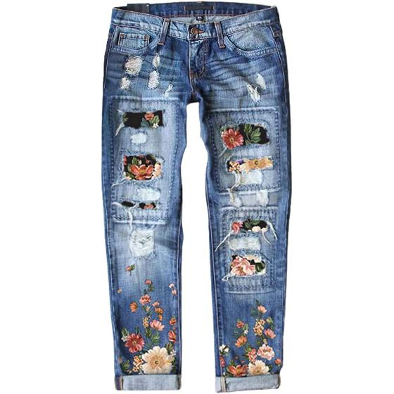 EVALESS Ripped Jeans for Women Plaid Patch Boyfriend Skinny Distressed Denim Jean Pants