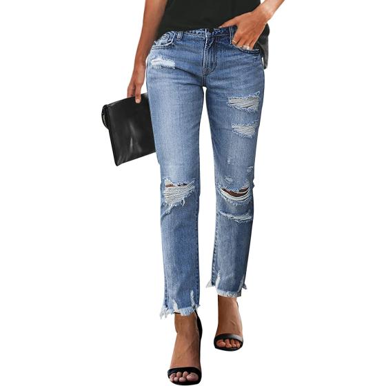 KUNMI Women's Ripped Boyfriend Slim Fit Jeans Frayed Distressed Stretchy Denim Pants