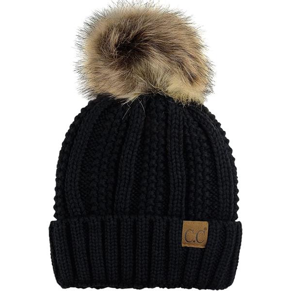 C.C Thick Cable Knit Faux Fuzzy Fur Pom Fleece Lined Skull Cap Cuff Beanie