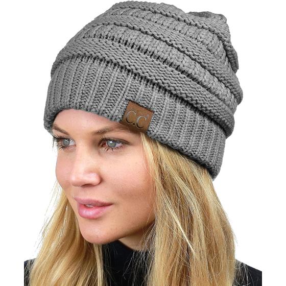 C.C Unisex Chunky Soft Stretch Cable Knit Warm Fuzzy Lined Skully Beanie