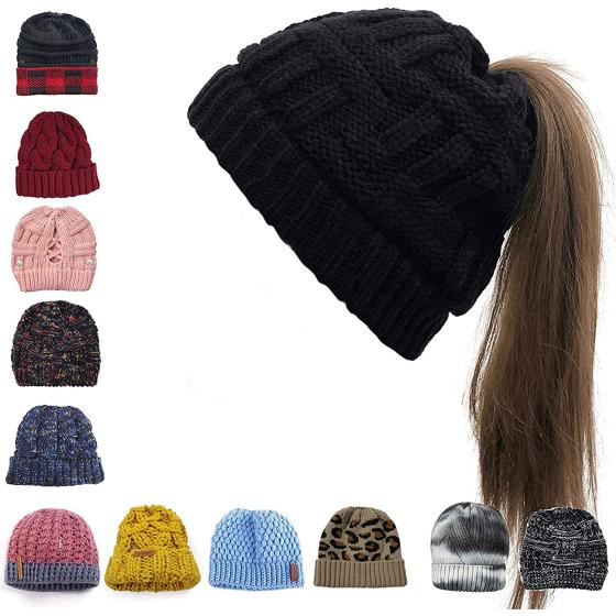 Womens Ponytail Beanie Hat with Button for Mask,Criss Cross Winter High Messy Bun Beanie Hat with Ponytail Hole…