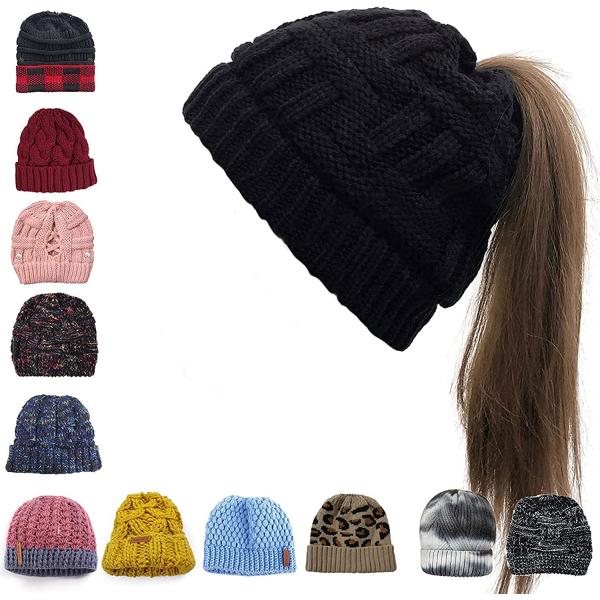 Womens Ponytail Beanie Hat with Button for Mask,Criss Cross Winter High Messy Bun Beanie Hat with Ponytail Hole…