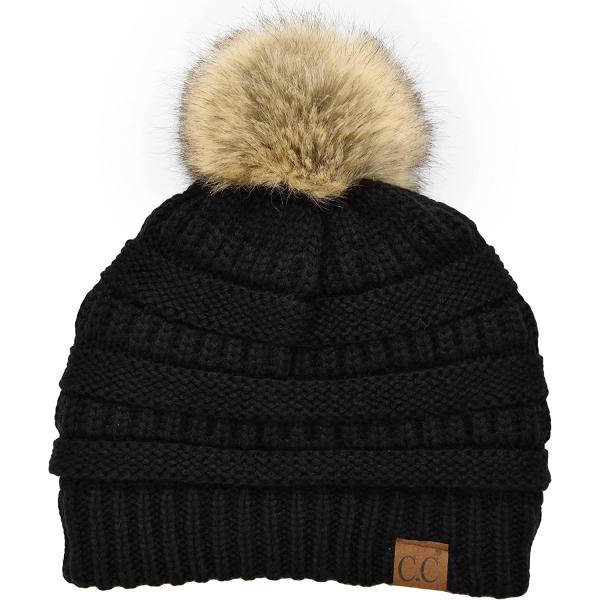C.C Trendy Warm Soft Stretch Cable Knit Ribbed Faux Fur Pom Pom Fuzzy Sherpa Fleece Lined Skull Cap Cuff Beanie Hat