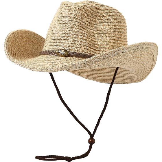 Lanzom Womens Straw Beach Sun Hat Packable Summer Cowboy Straw Hats with Wind Lanyard