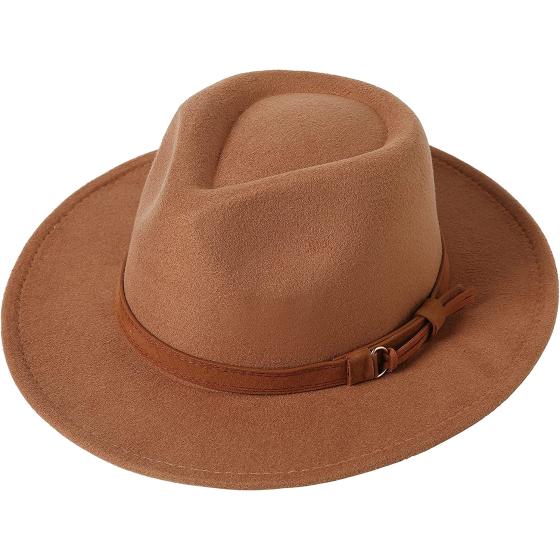 Lanzom Retro Heart Shaped Fedora Hats for Women Wide Brim Felt Panama Hat with Belt Buckle