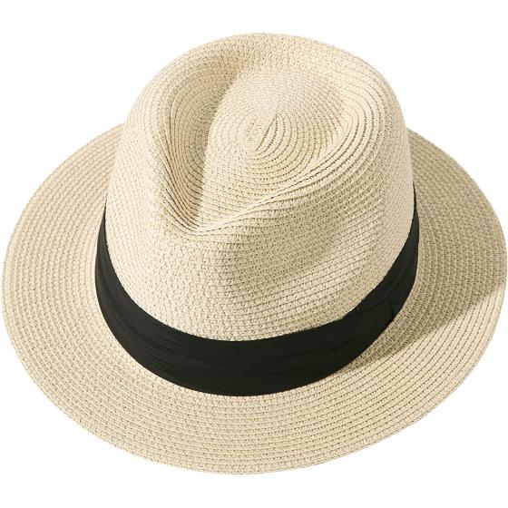 Lanzom Men Women Straw Sun Hat Short Brim Panama Fedora Beach Sun Hat Vacation Packable Roll Up Summer Hat