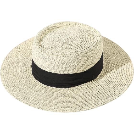 Lanzom UPF50+ Women Wide Brim Straw Panama Sun Hat Boater Summer Beach Sun Hat