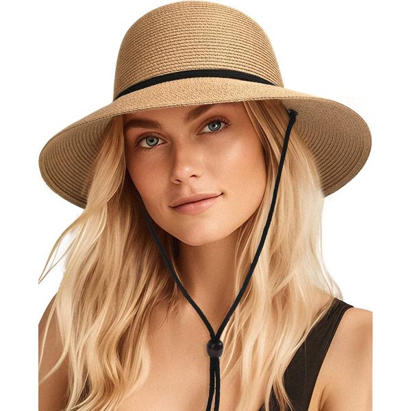 FURTALK Womens Wide Brim Sun Hat with Wind Lanyard UPF Summer Straw Sun Hats for Women