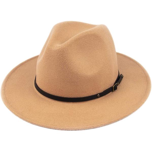 Lanzom Womens Classic Wide Brim Floppy Panama Hat Belt Buckle Wool Fedora Hat