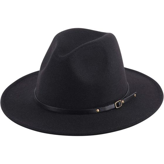 Lanzom Women Lady Retro Wide Brim Floppy Panama Hat Belt Buckle Wool Fedora Hat