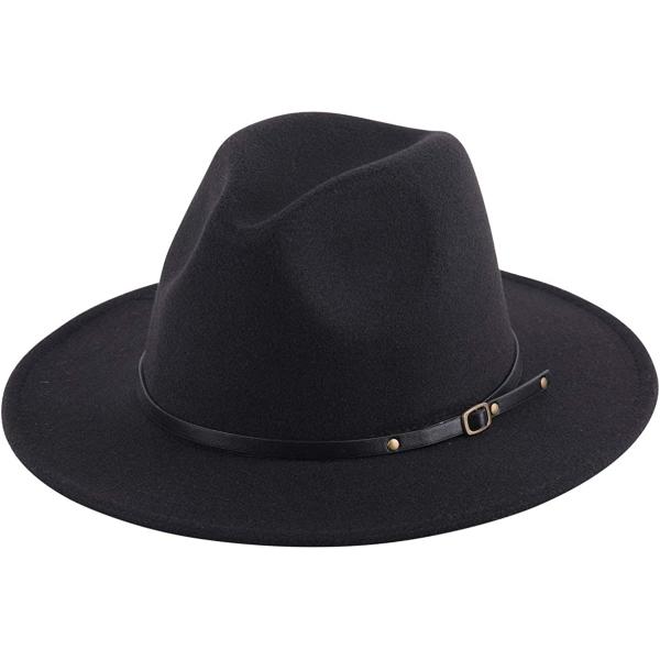 Lanzom Women Lady Retro Wide Brim Floppy Panama Hat Belt Buckle Wool Fedora Hat