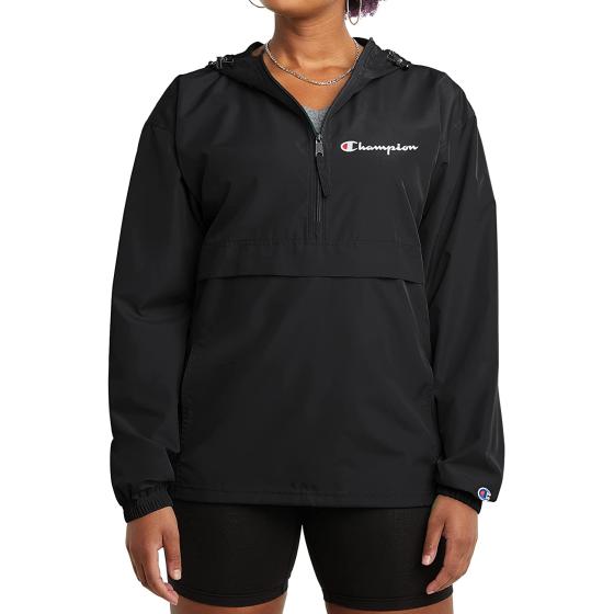 Champion Women's Packable Print Jacket, Wind- and Water-Resistant Hooded Jacket, Prints & Script