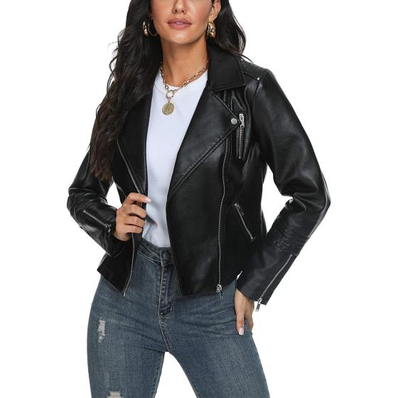 Fahsyee Women's Leather Jackets, Faux Motorcycle Plus Size Moto Biker Coat Short Lightweight Vegan Pleather Fashion