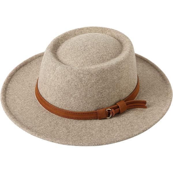 Lanzom Women Retro Felt Panama Hat with Belt Buckle Wool Wide Brim Fedora Hat