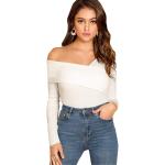 Romwe Women's Casual Cross Off Shoulder Deep V Neck Ribbed Knit Slim Wrap Tee Shirt Blouse