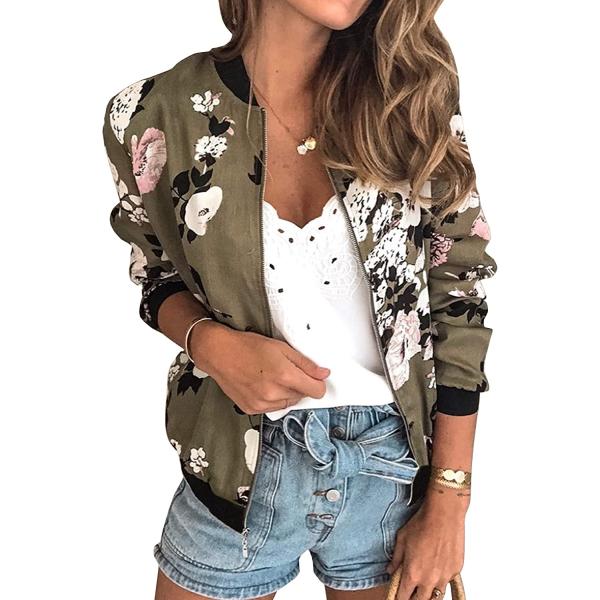 ECOWISH Womens Jackets Lightweight Zip Up Casual Inspired Bomber Jacket Leopard Coat Stand Collar Short Outwear Tops
