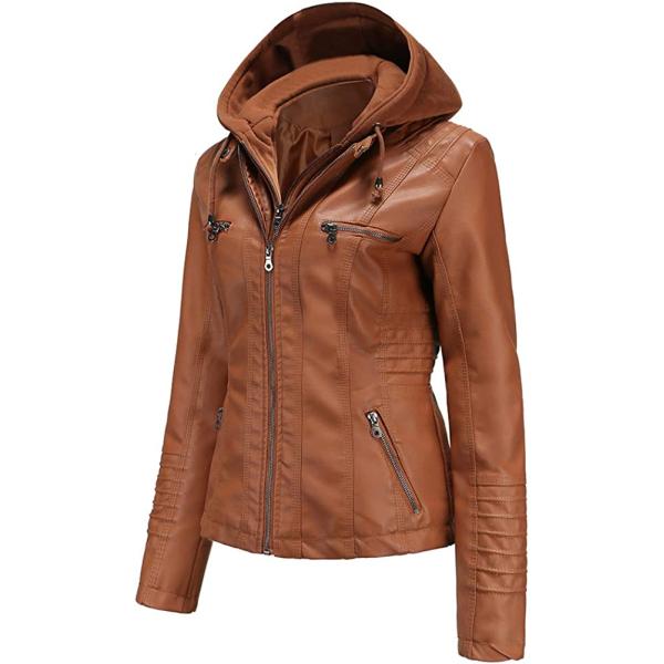 Tagoo Faux Leather Jacket Women Motorcycle Coat for Biker with Removable Hood Plus Size