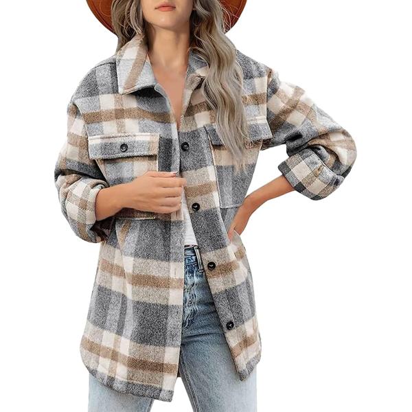 Lviefent Womens Casual Wool Blend Plaid Flannel Shackets Jacket Button Down Shirt Coat